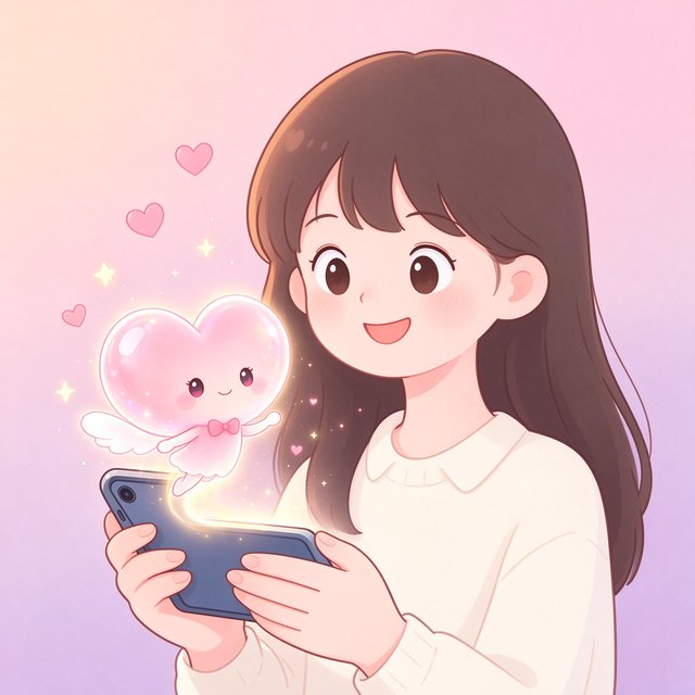 nimoo AI陪伴插画：女孩捧着手机与粉色爱心小精灵温馨互动